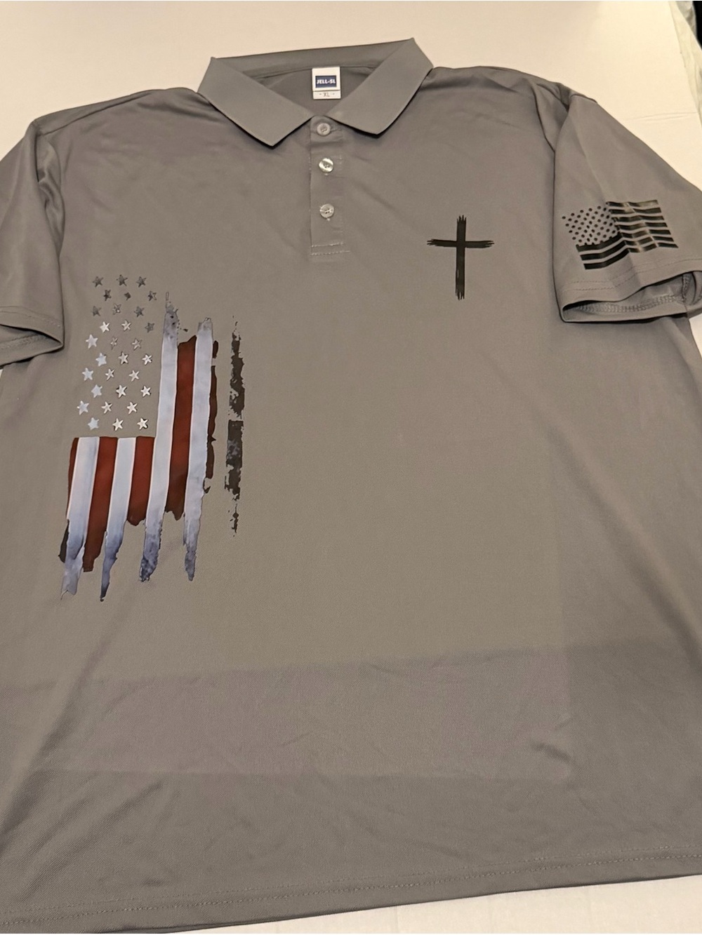 I40 XL Men's Gray Polo Shirt with Distressed American Flag and Cross